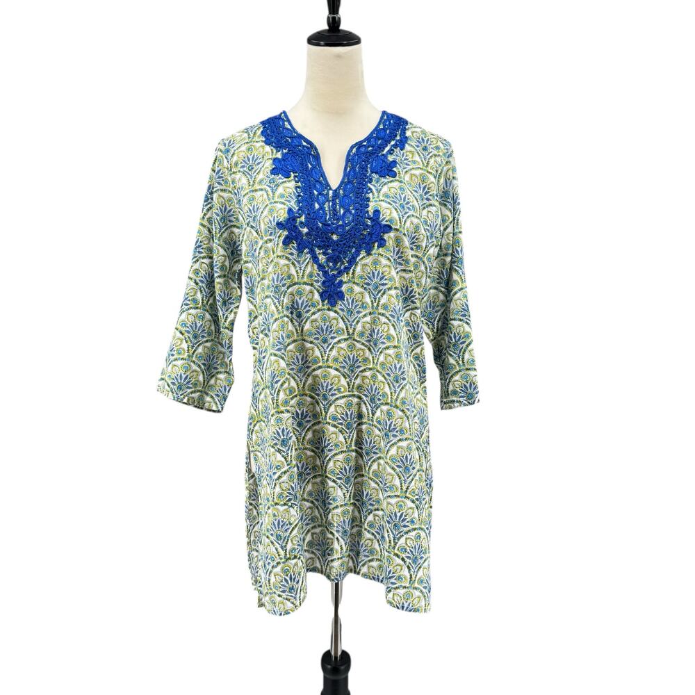 Roller Rabbit Blue Green Fish Scale Floral Print 3/4 Sleeve Tunic